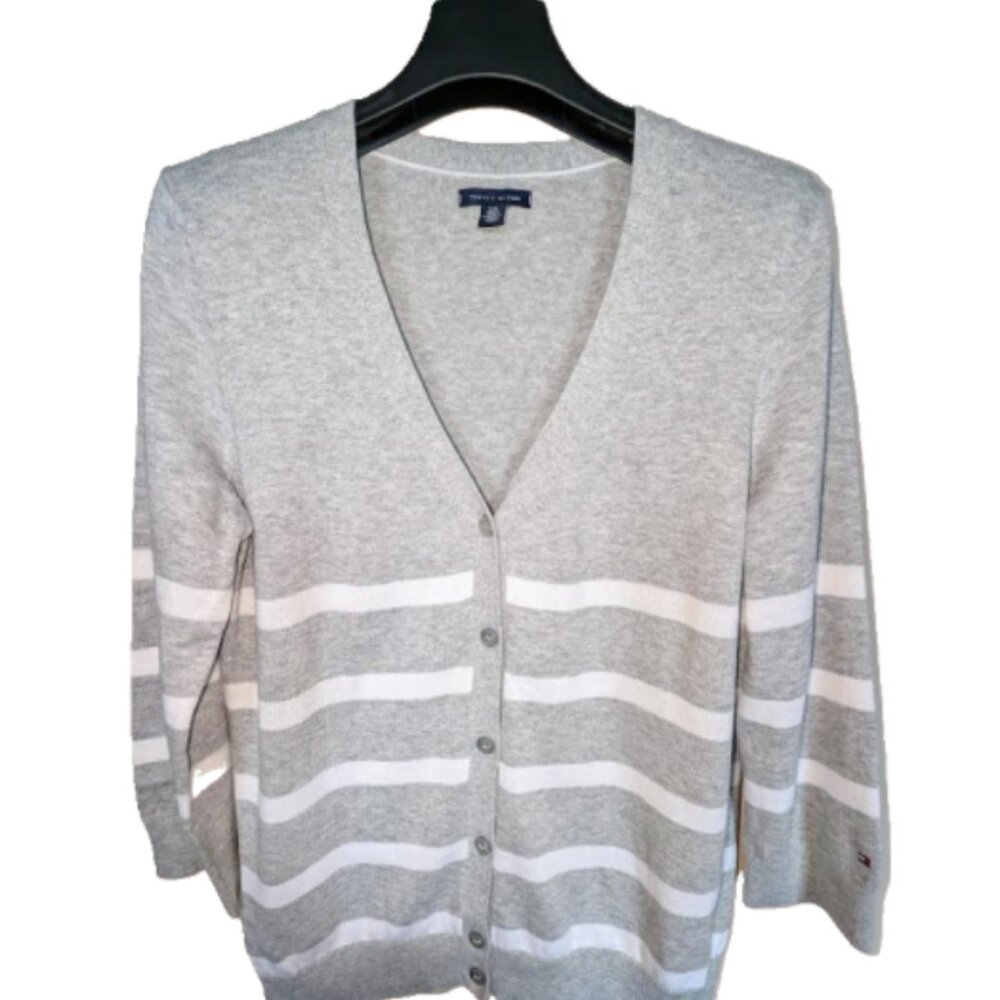 Shipping -NWOT Tommy Hilfiger Gray White Stripes Cardigan Sweater